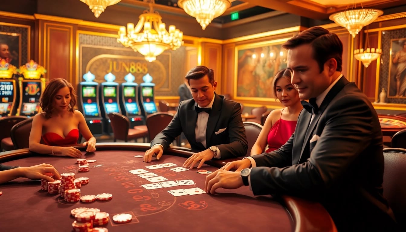 The excitement at a jun888 blackjack table with colorful chips and engaged players in a luxurious casino environment.