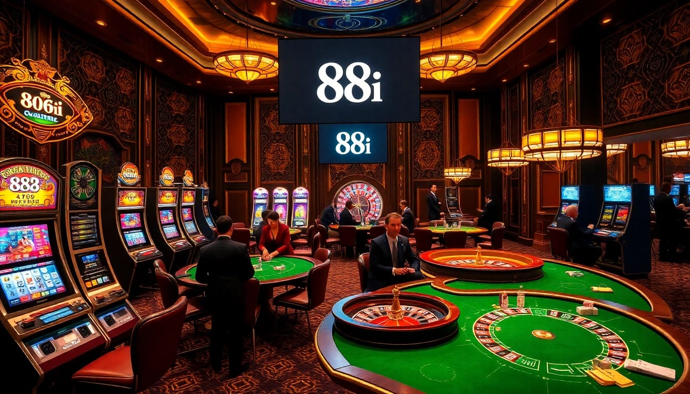 Engaged players enjoying thrilling casino games at 88i, surrounded by vibrant gaming elements.