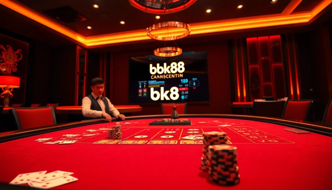 Experience high-stakes poker with bk8thai's vibrant casino environment featuring digital interfaces and luxurious decor.