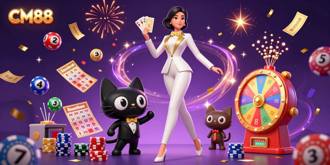Engage with CM88's gaming excitement featuring a glamorous woman and a tuxedo cat amidst colorful casino elements.