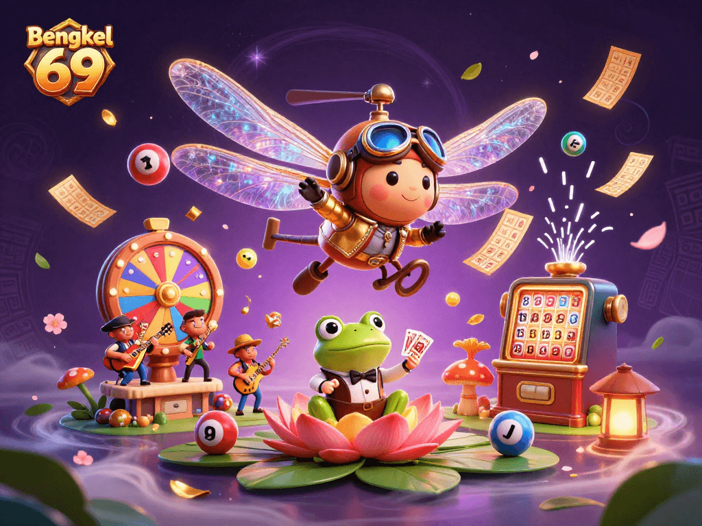 Engage with the thrilling world of Bengkel 69 as a cartoon dragonfly pilot hovers over a lively lily pad casino scene.