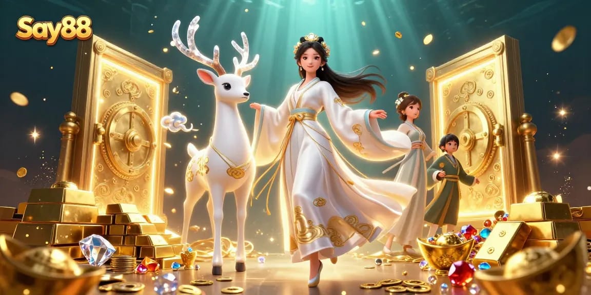 Experience Say88's vibrant online casino atmosphere with enchanting characters and treasure-filled visuals.