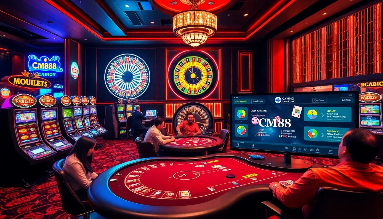 Exciting casino atmosphere at CM88 with poker games and colorful slots.