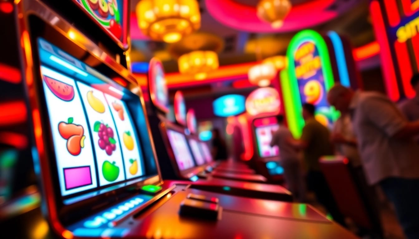 Bermain Slot Game di mesin penuh warna dan suasana meriah kasino.