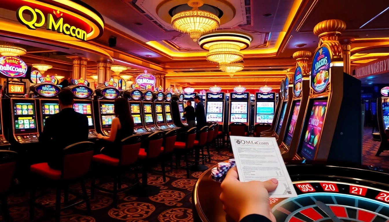 Engage with QQMacan slot games in a vibrant casino ambiance, featuring energized players and colorful slots.