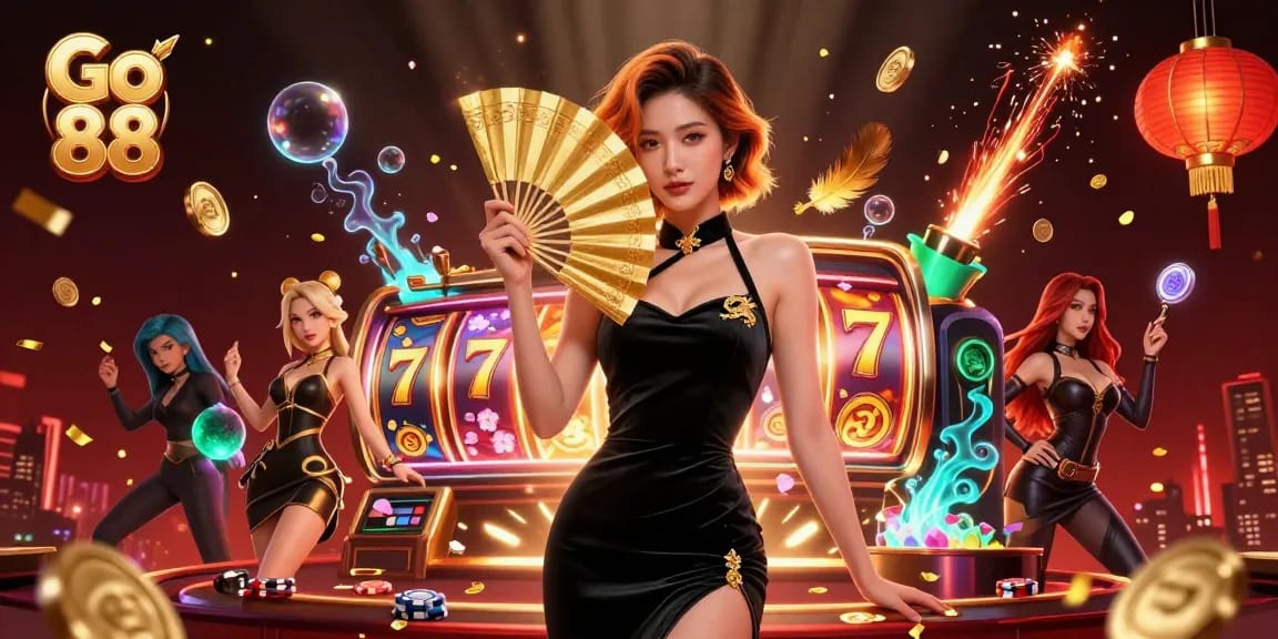 Engage in Go 88 with vibrant casino elements including spinning reels and lucky 7 symbols.