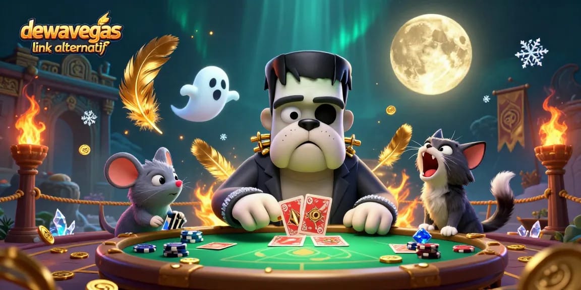 Engage with the thrilling baccarat experience at DEWAVEGAS link alternatif amidst a vibrant, immersive casino scene featuring iconic characters.