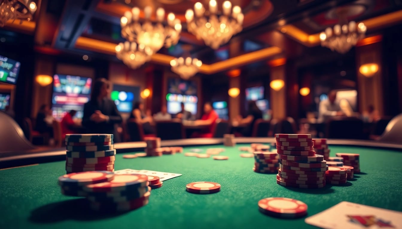 Experience a thrilling Casino ambiance with a vibrant poker table and colorful chips.