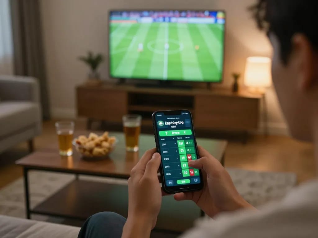 Betting on kèo bóng đá hôm nay in a cozy living room using a smartphone, crafting a strategic football wager