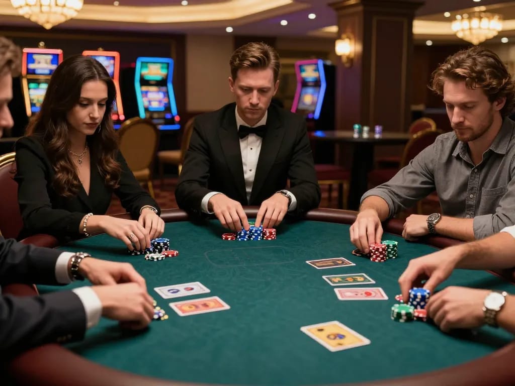 Players strategizing intensely at badak178 poker table with vibrant chips and community cards.