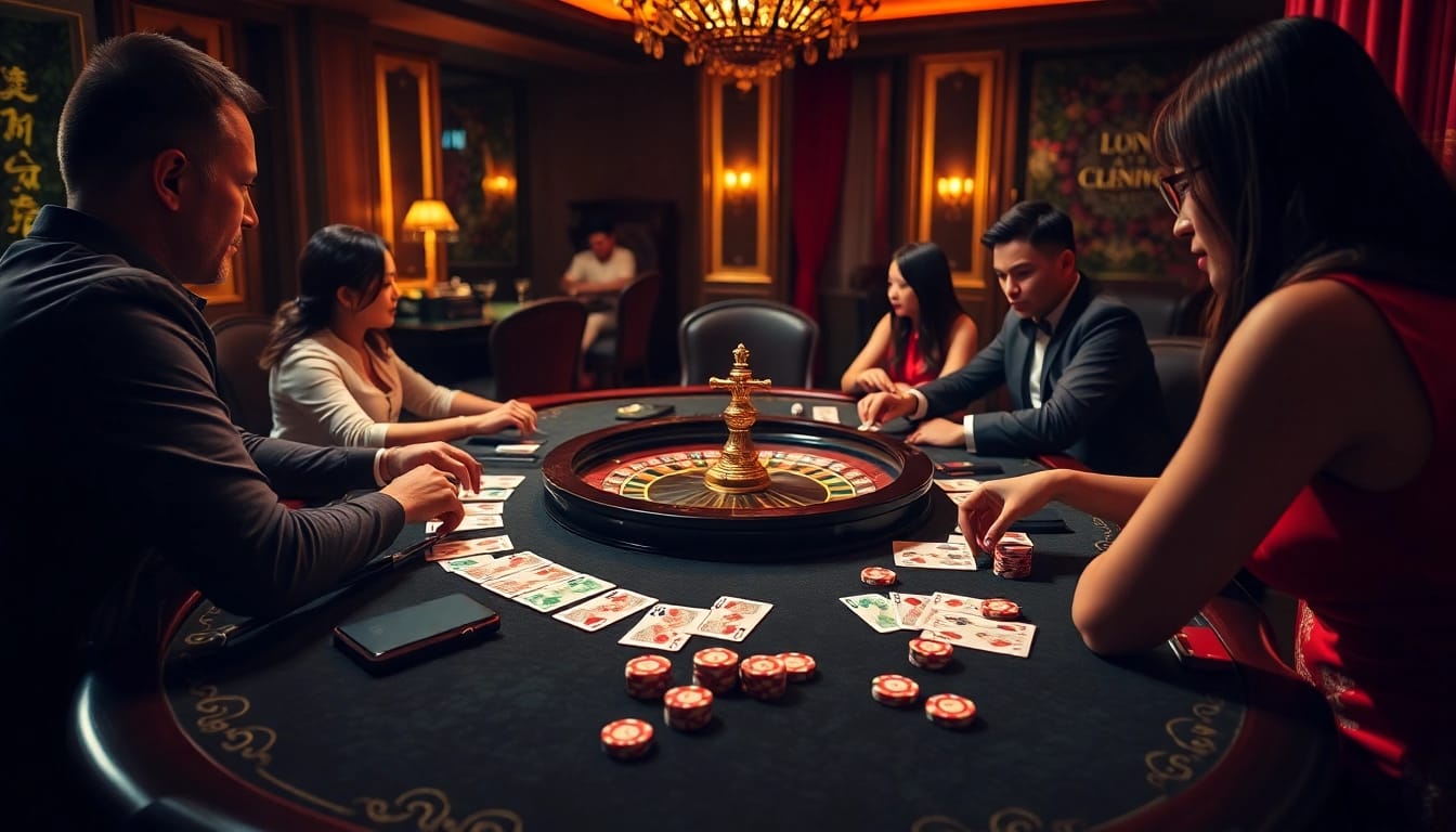 Players enjoying an exciting game with lô kép betting slips and poker chips at a vibrant casino table.