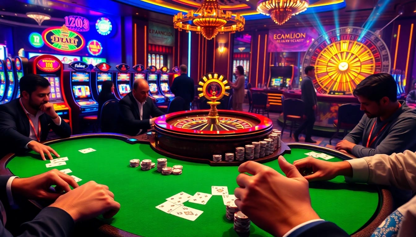 Experience thrilling gameplay at xin88 with an exciting casino scene featuring poker tables, vibrant slot machines, and roulette wheels.