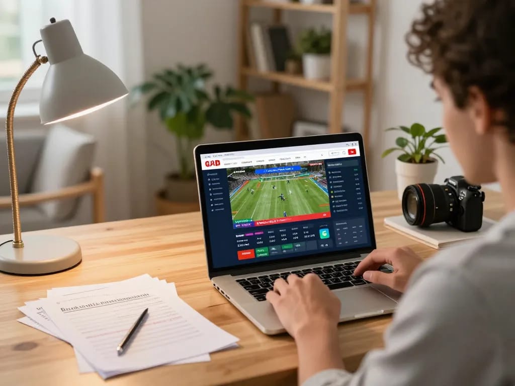 Kèo nhà cái hôm nay showing a user strategizing bets on an online platform in a cozy home office.
