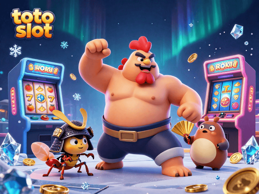 Engage in thrilling toto slot action with a dynamic 3D cartoon scene featuring varied gaming elements and vibrant characters.