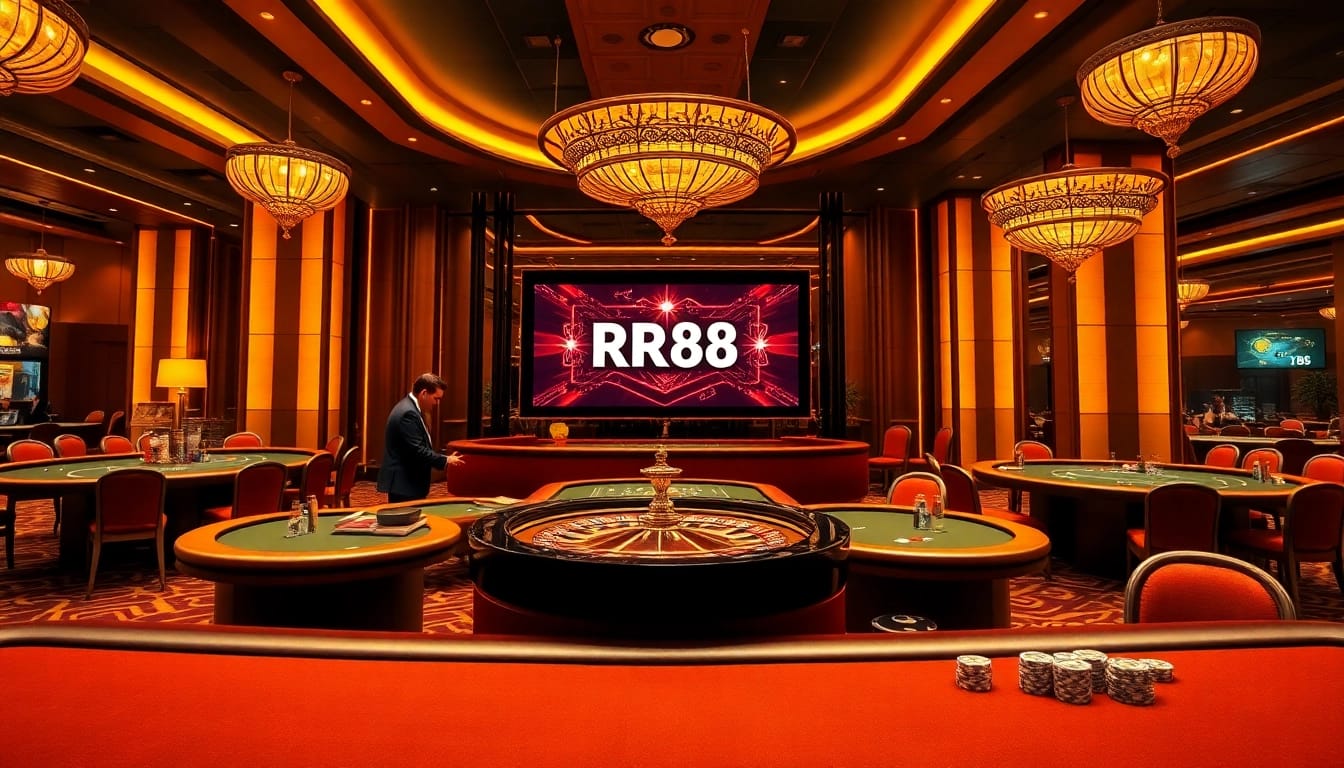 Engaging scene of RR88 Đăng nhập showing virtual casino excitement with poker chips and roulette.