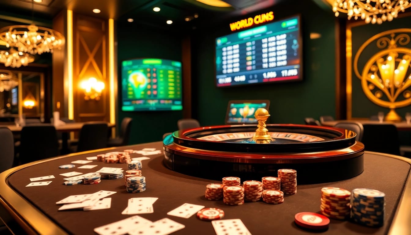 Engaging scene of luxurious casino gaming featuring แทงบอลโลก betting excitement with cards, chips, and a roulette wheel.