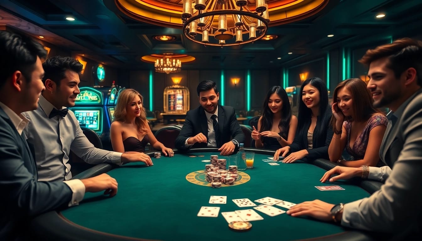 Gamblers enjoying a thrilling poker game at Betwin88 with poker chips and cards.
