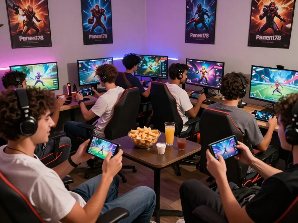 Engaged gamers enjoying Panen178 mobile games in a cozy gaming lounge with vibrant lighting.