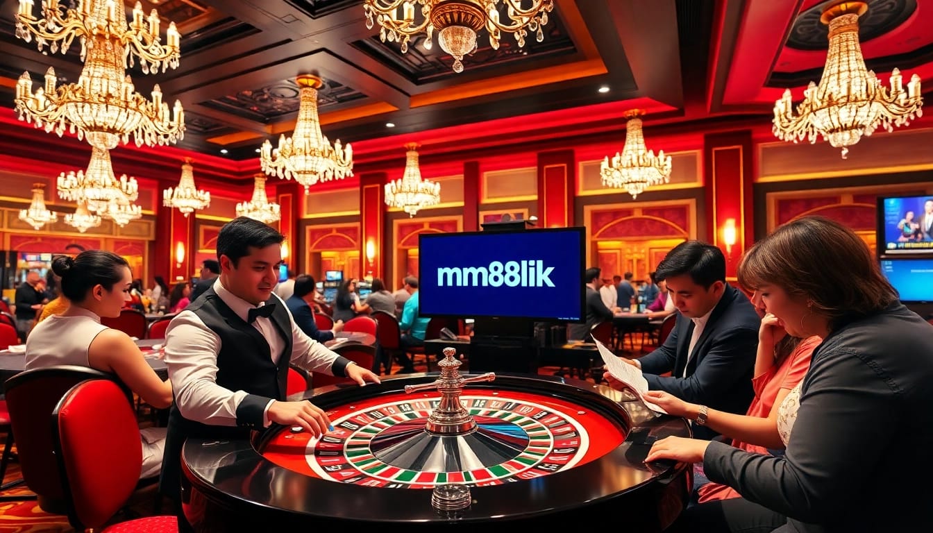 Gamblers engaging with an mm88 link on a bustling casino game floor, showcasing excitement.