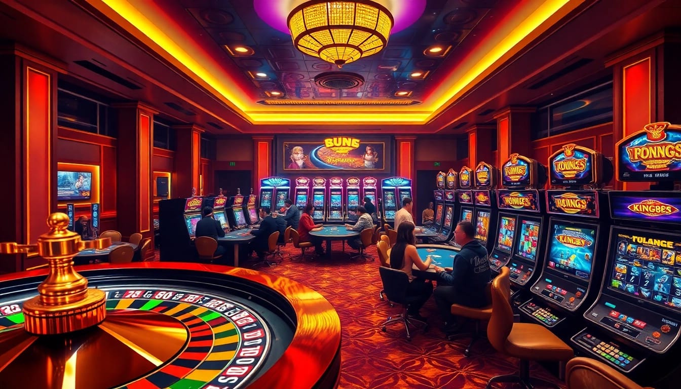 Players engage in thrilling games at king88's luxurious casino with roulette and slots.