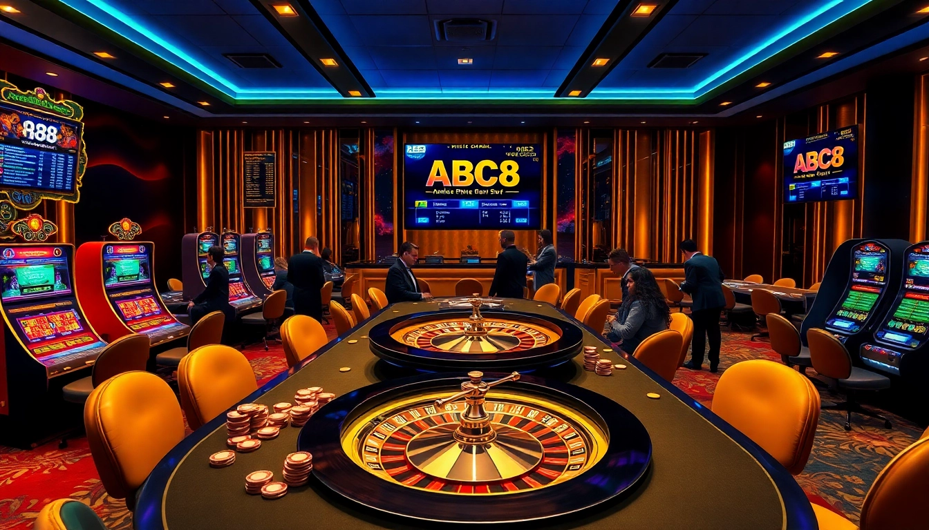 Engaged players enjoying the ABC8 premium online betting experience in a luxurious casino setting.