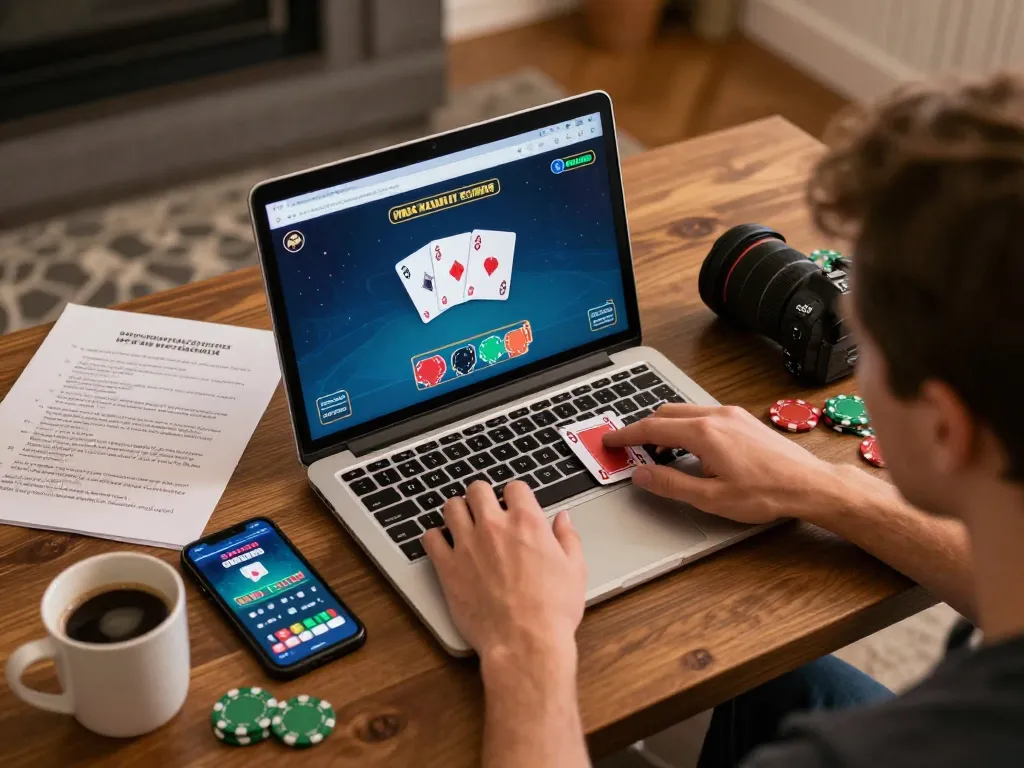 Engaging in poker strategy at home on 789club's online gaming platform with laptop and smartphone tools