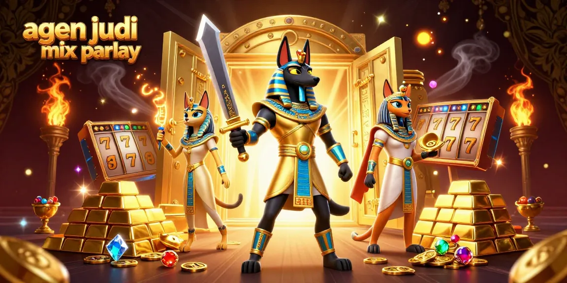Spin and win with agen judi mix parlay showcased in a vibrant 3D casino scene featuring Anubis and Bastet.