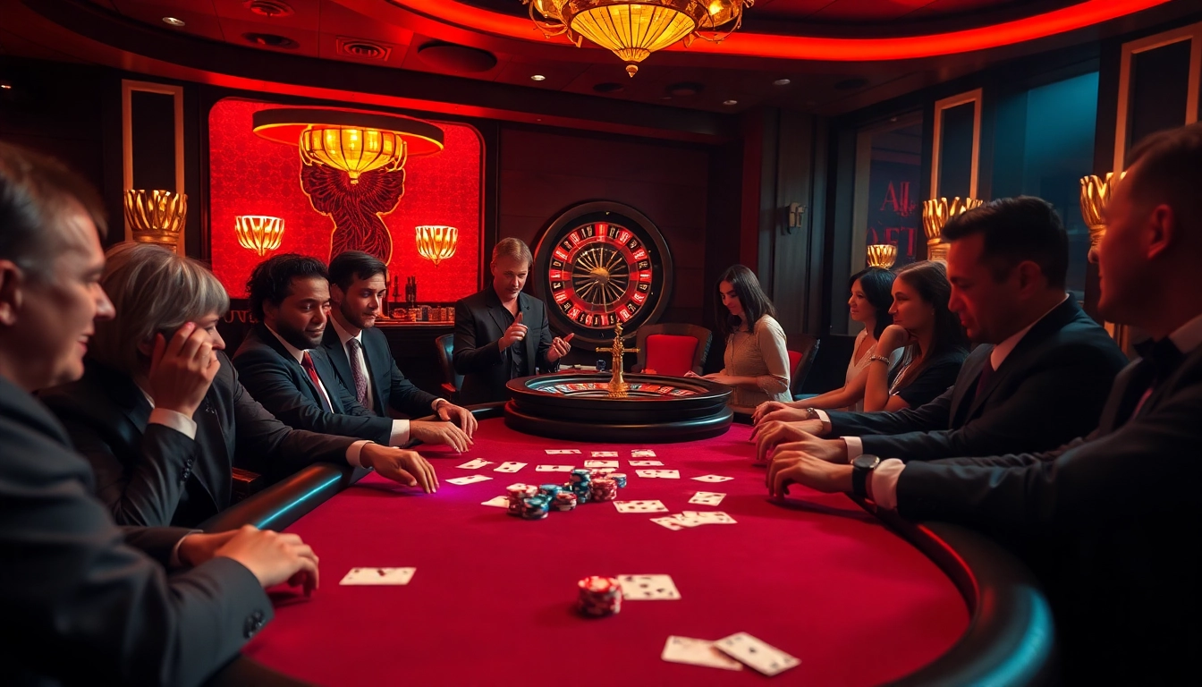 Exciting poker game scene at nohu90 casino, showcasing vibrant chips and a roulette wheel.