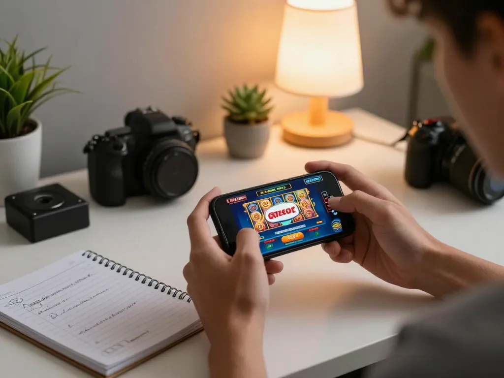 Pemain yang terlibat menggunakan aplikasi aman788 slot gacor di smartphone dalam suasana rumah yang nyaman.