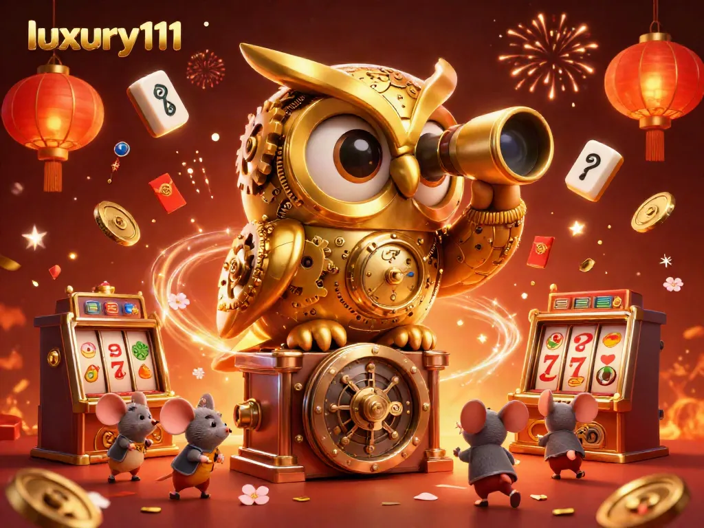Experience the excitement of luxury111 as a golden owl surveys spinning slots and festive decorations.