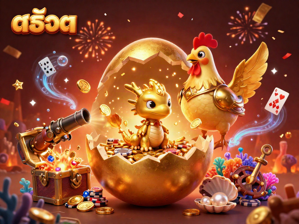 Engage in สล็อต with thrilling 3D illustrations of gold-dragon jackpots and poker chip treasure.