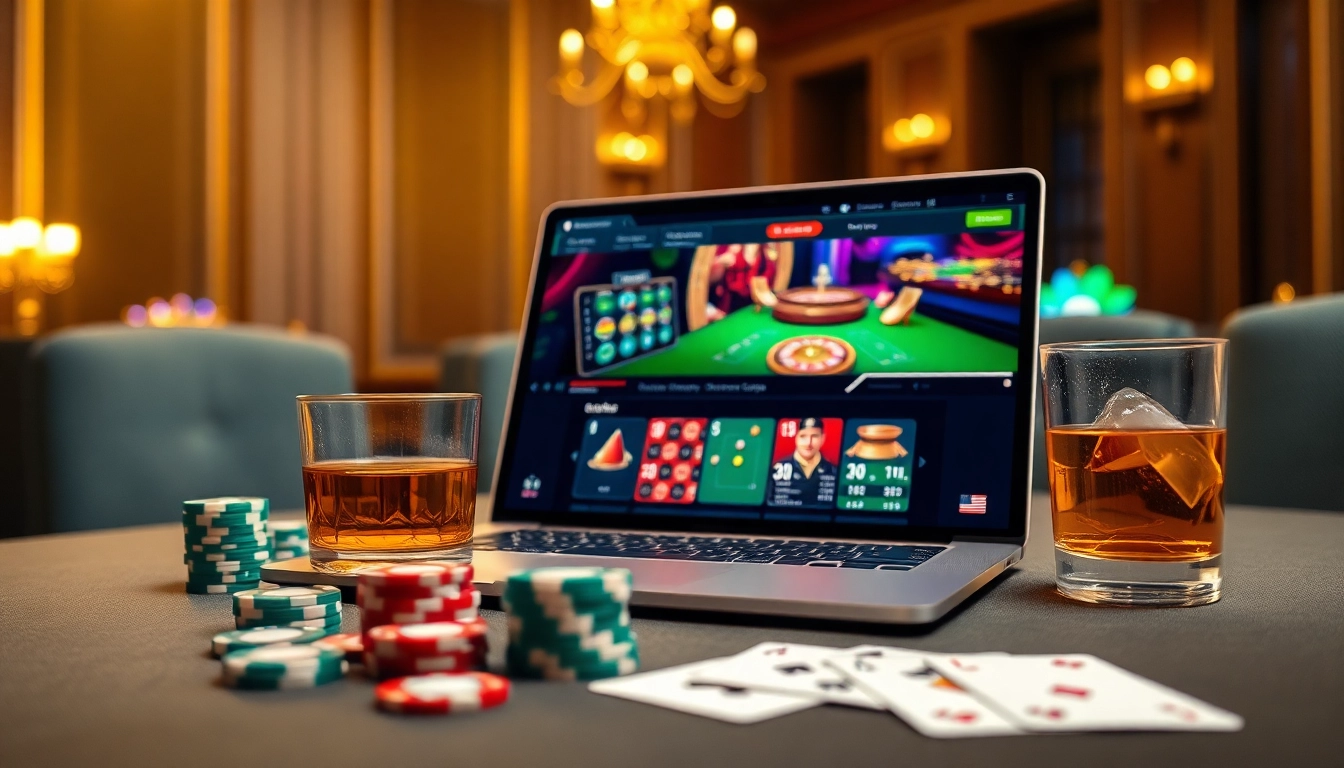 Xocdia88 casino interface showcasing exciting games, poker chips, and cards in a luxurious setting.