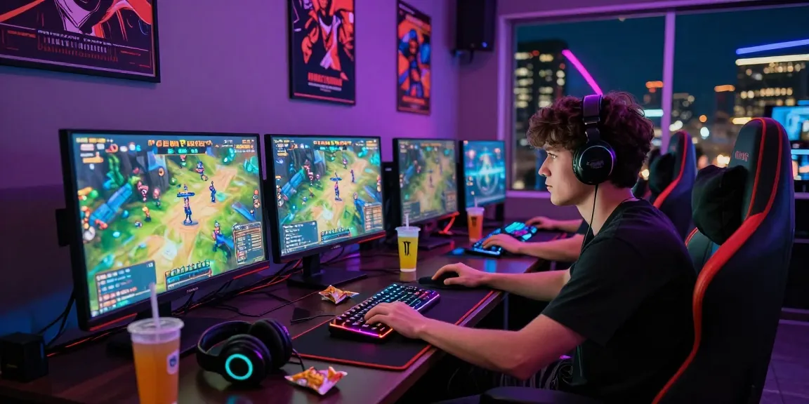 Pemain asyik bermain 68gb di ruang permainan modern dengan monitor dan aksesori kontemporer.