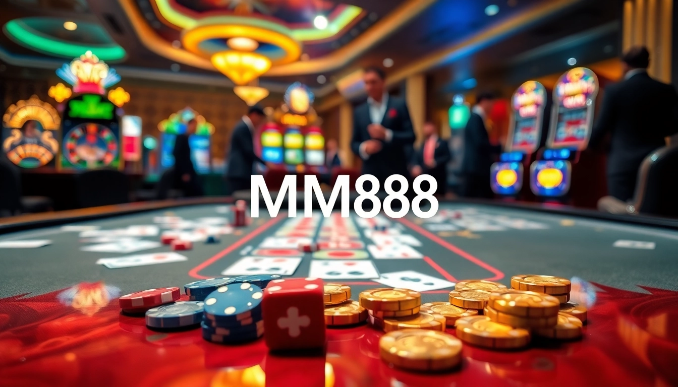 Engaging casino scene with MM88 branding, showcasing excitement at a gaming table filled with cards and chips.