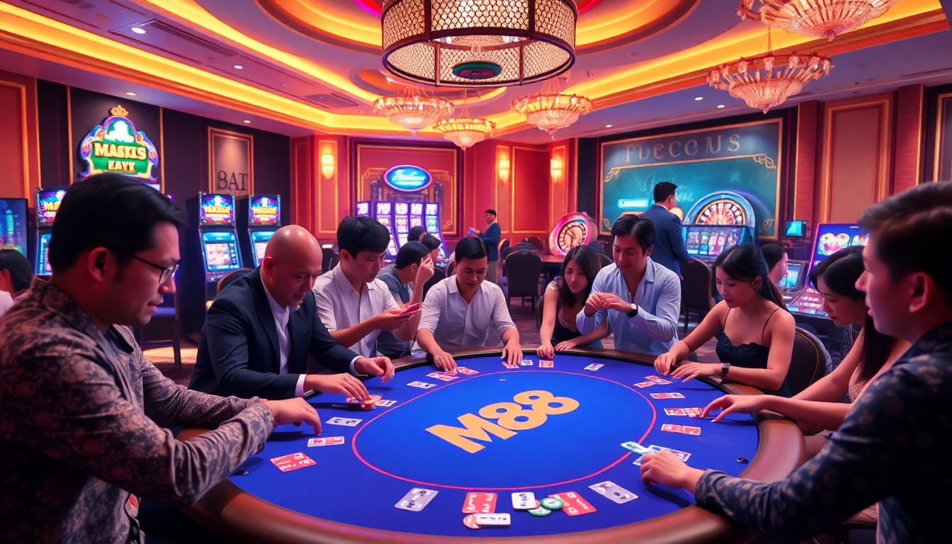 M88 casino table bustling with excitement, showcasing engaged players and vibrant gaming atmosphere.
