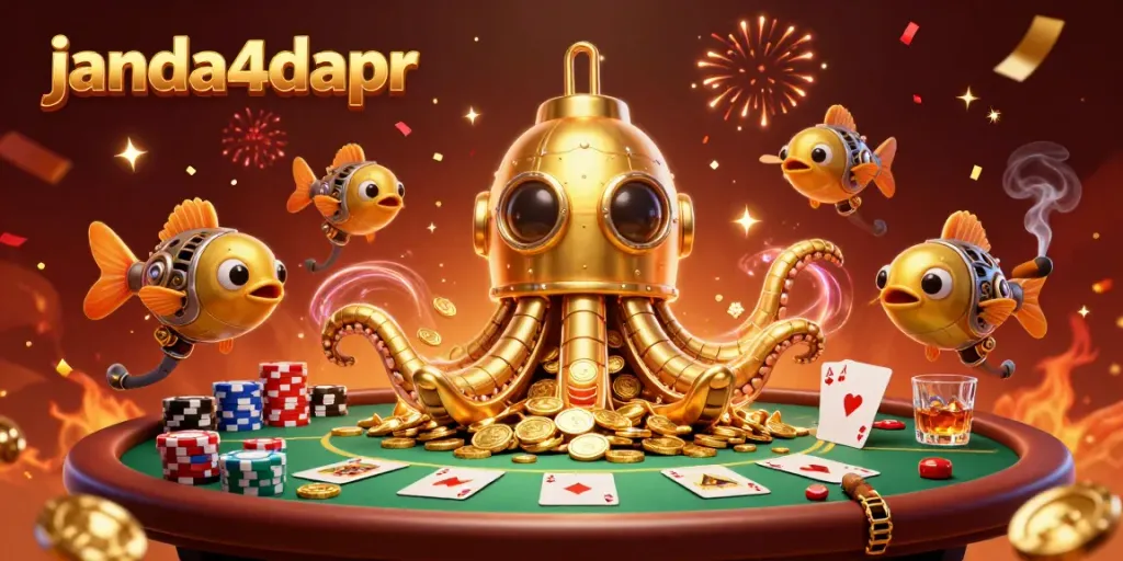 Menghadirkan keseruan di janda4dapr dengan kraken emas dan ikan mekanik dalam suasana kasino digital.