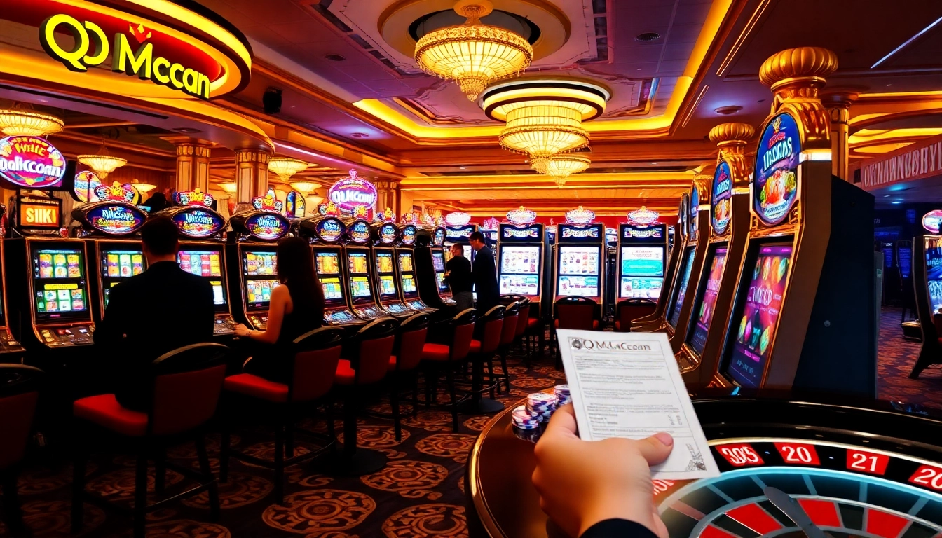 Engage with QQMacan slot games in a vibrant casino ambiance, featuring energized players and colorful slots.
