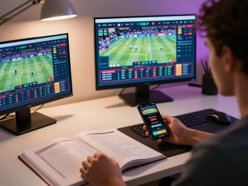F8BET user placing strategic bets from a modern home office with multiple screens.