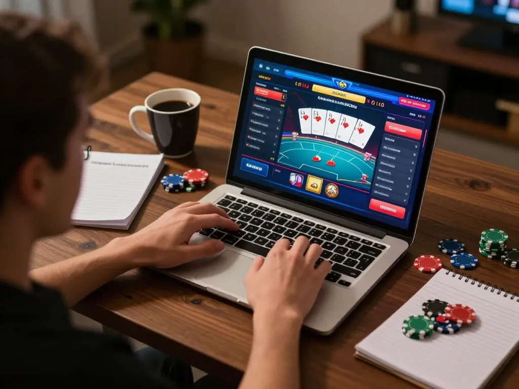 Engaging with Canadian online casinos, a player maximizes strategy at home with laptop and poker chips.