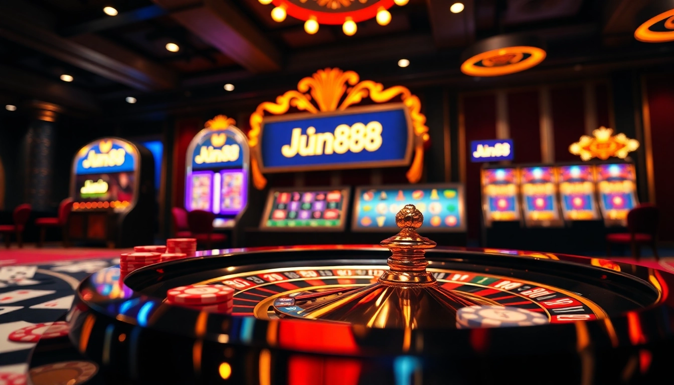 Experience the lavish atmosphere of Jun88 with vibrant casino chips and thrilling roulette action.