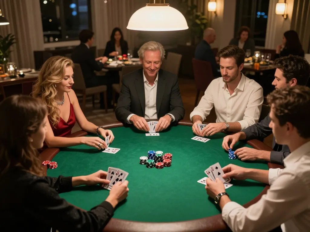 Friends enthusiastically playing poker at home, showcasing the say88 gaming experience in a lively setting.