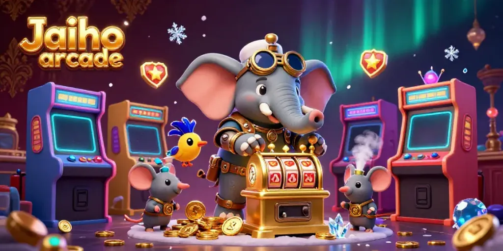 Engage with Jaiho arcade elements, showcasing colorful game machines and a steampunk character in an exciting casino scene.