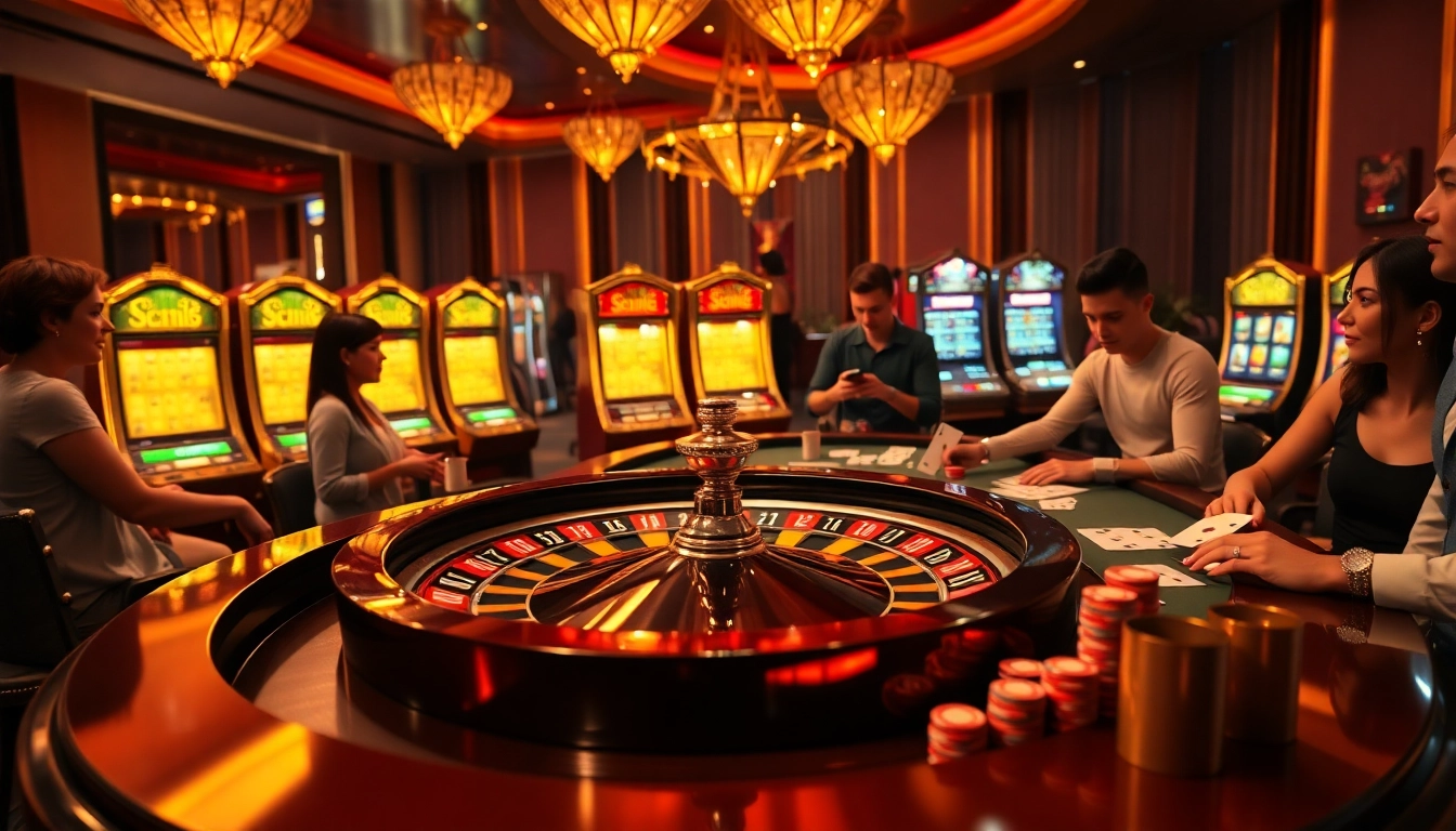 Excited players enjoy games at 88i casino, featuring colorful chips, a roulette wheel, and dynamic atmosphere.