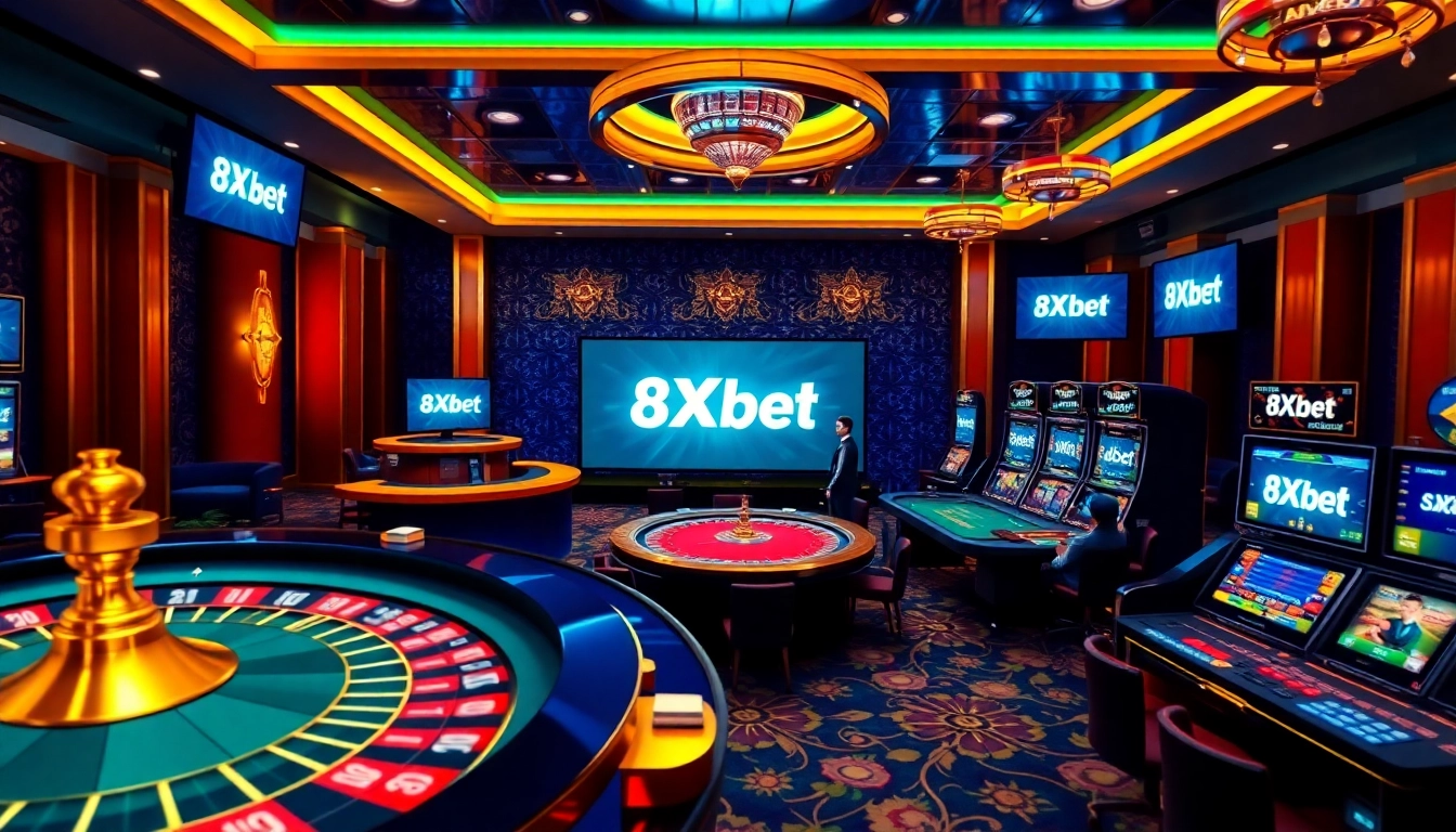Exciting online gambling scene at 8Xbet showcasing vibrant casino elements like roulette and poker.