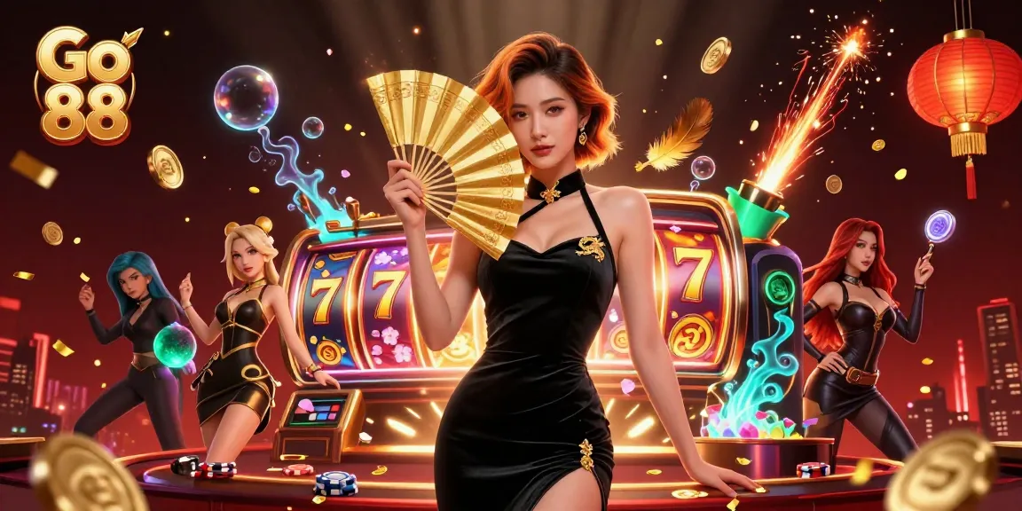 Engage in Go 88 with vibrant casino elements including spinning reels and lucky 7 symbols.