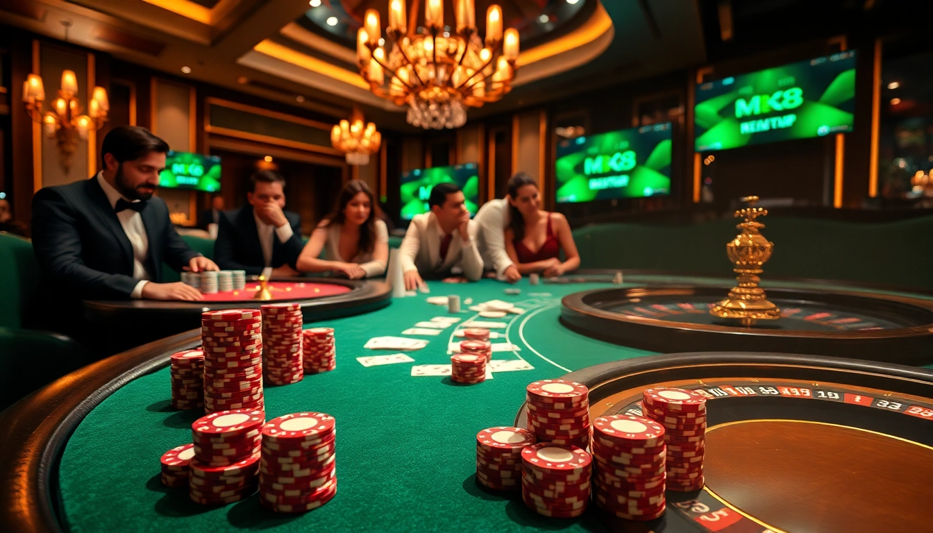 Betting action on MK8 platform at a glamorous casino poker table, showcasing vibrant poker chips.