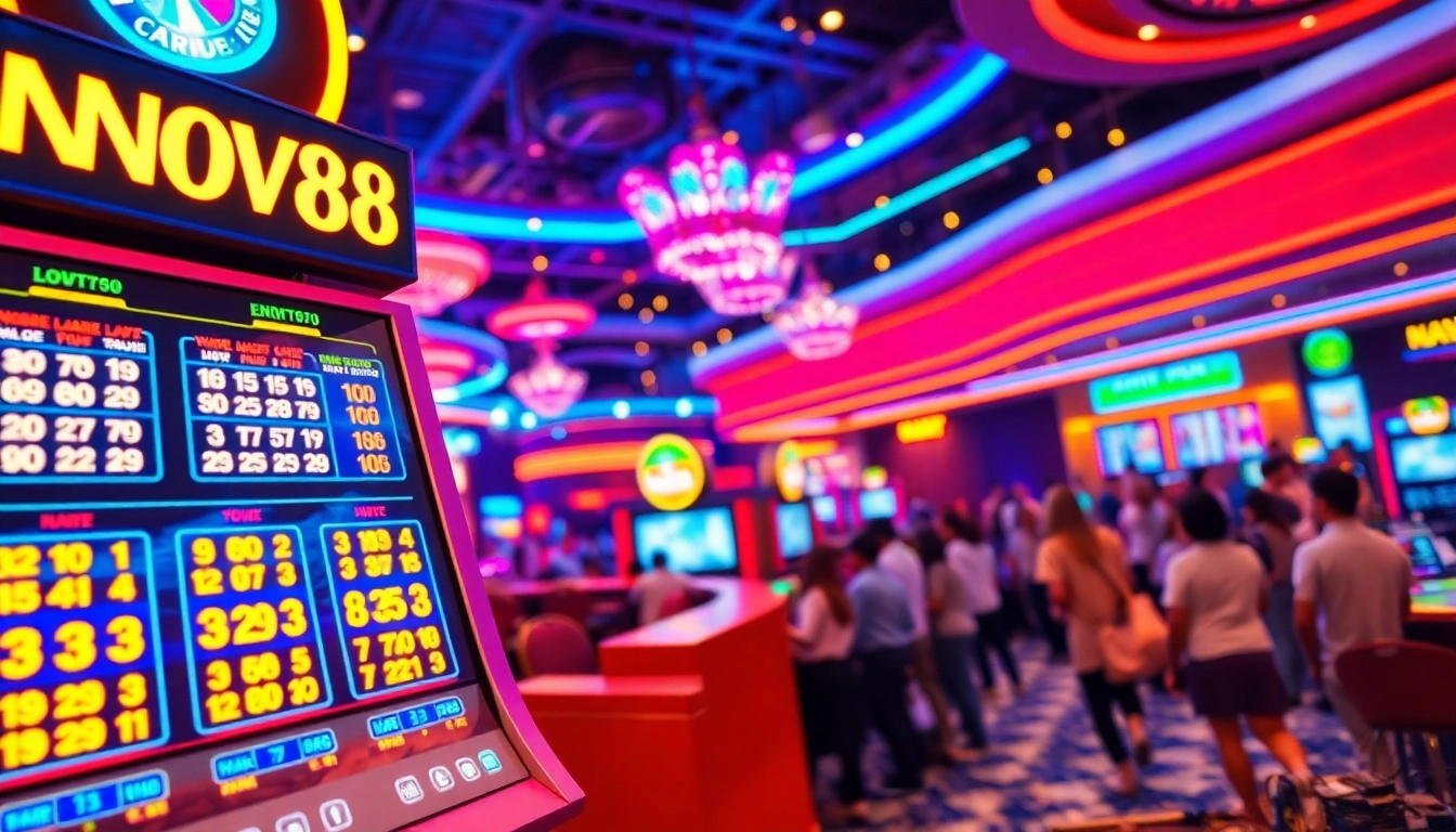Nova88 lottery vibrant scene with a modern kiosk attracting excited players.