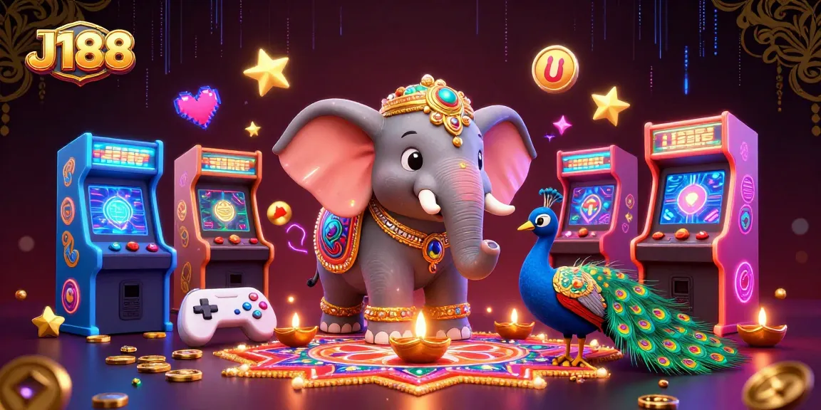 Engage with J188's vibrant gaming experience through colorful 3D illustrations of animated characters and arcade elements.