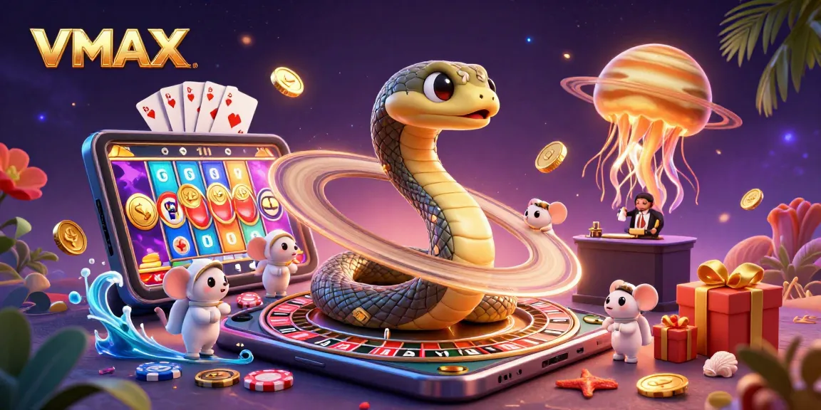 VMAX gamblers celebrate wins at the casino with a vibrant cosmic scene of roulette and slots.