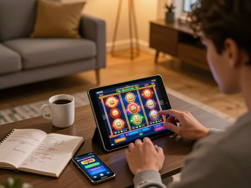 Berpartisipasi dalam permainan slot online di tablet, menampilkan antarmuka permainan aman788 slot gacor di ruang tamu modern.